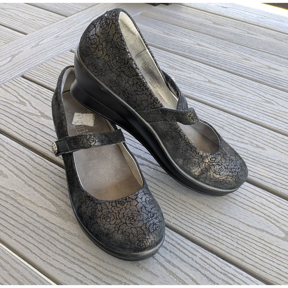 Alegria Shoes Women 10 Black/Gold Suede Floral MaryJane Comfort Romantic Leather